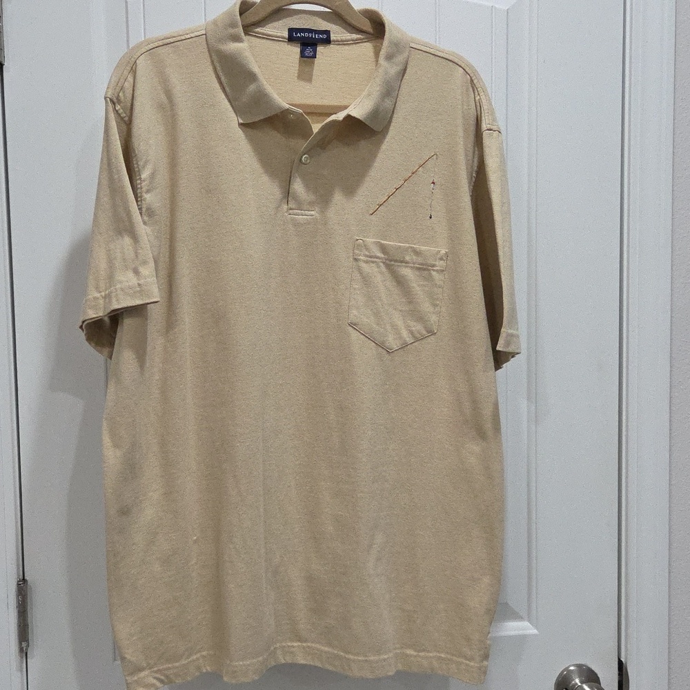 Lands’ End Tan Short Sleeve Fishing Polo, 100% Cotton, Size XL